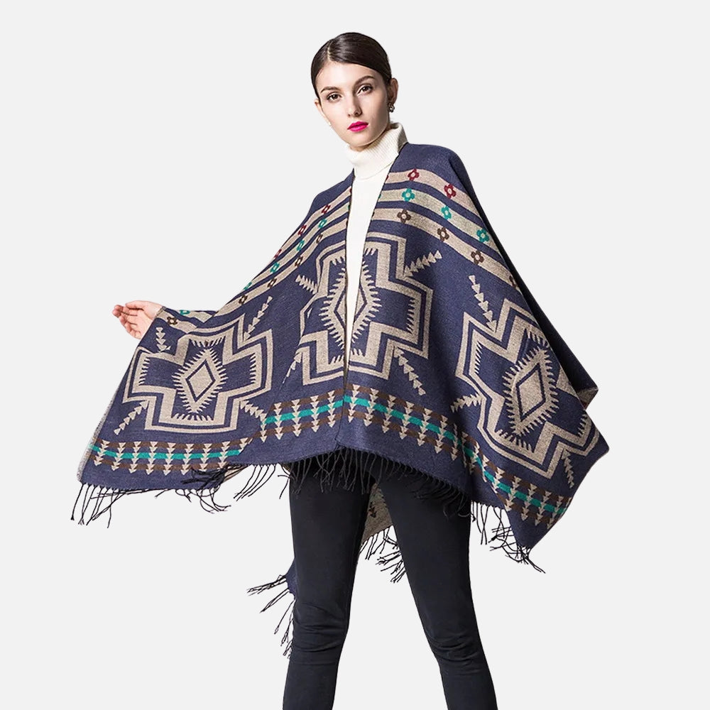Poncho Bleu Marine Motifs Croix Mexicaine