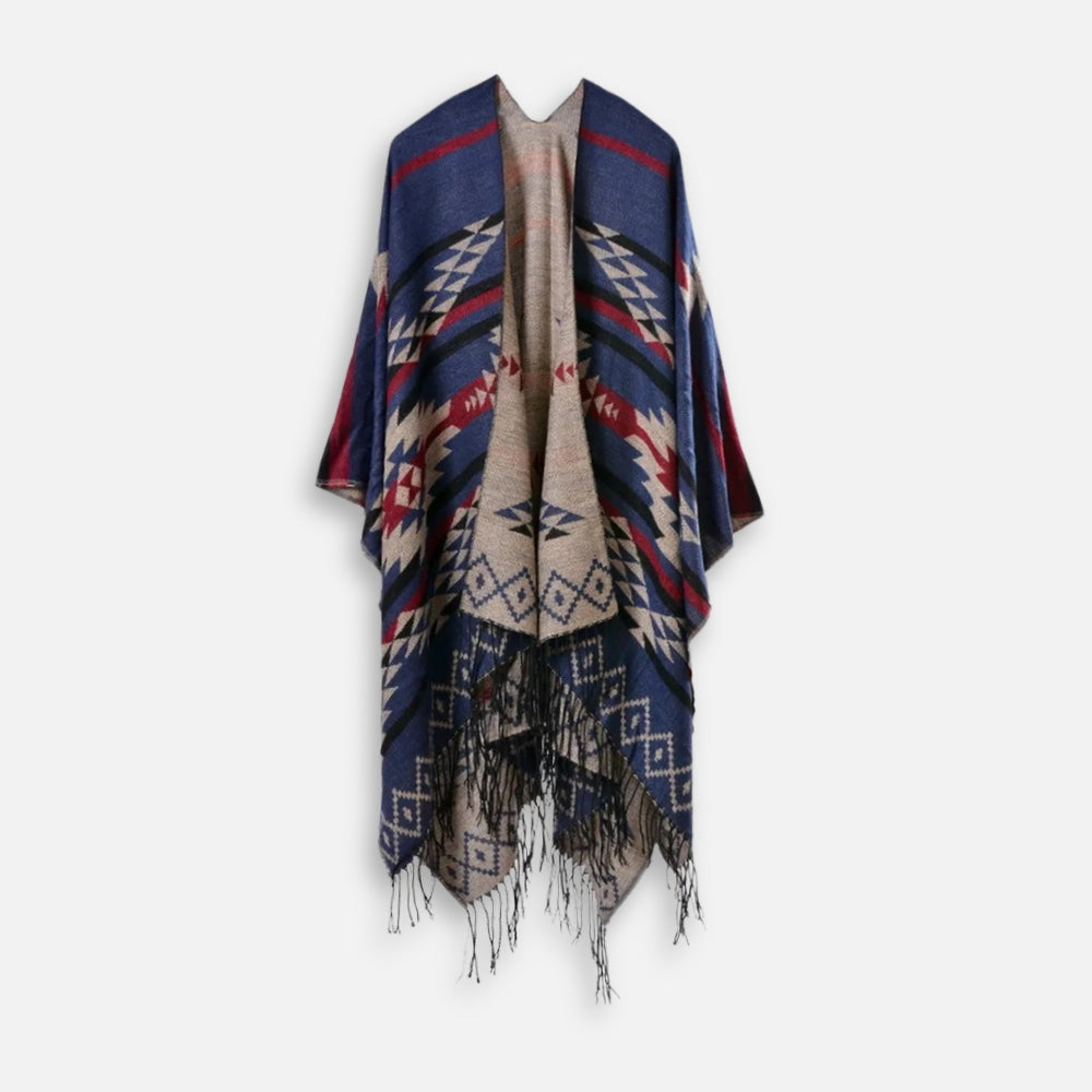 Poncho Bleu Marine Motifs Mexicains