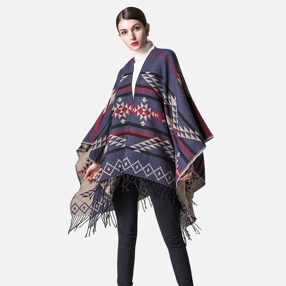 Poncho Bleu Marine Motifs Mexicains