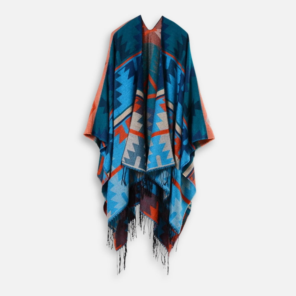 Poncho Bleu Motifs Mexicains
