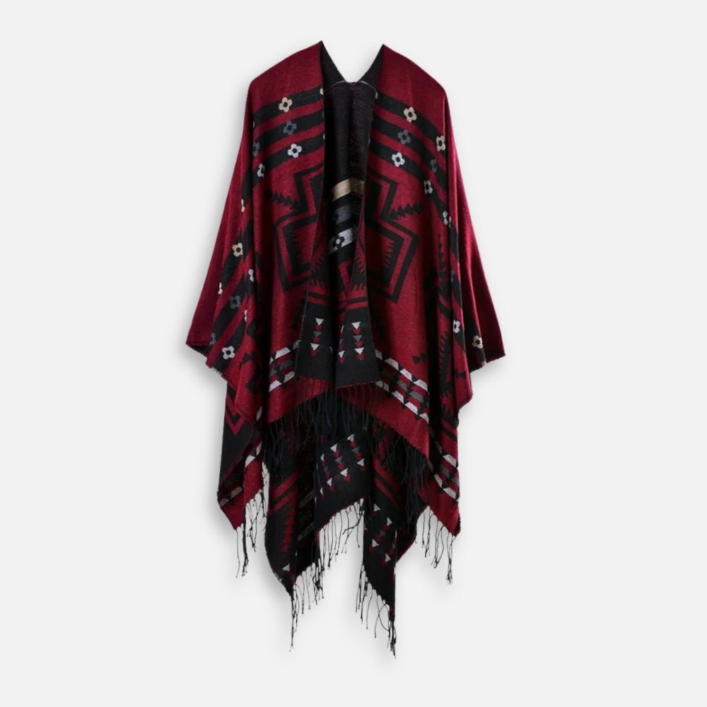 Poncho Rouge Motifs Croix Mexicaine