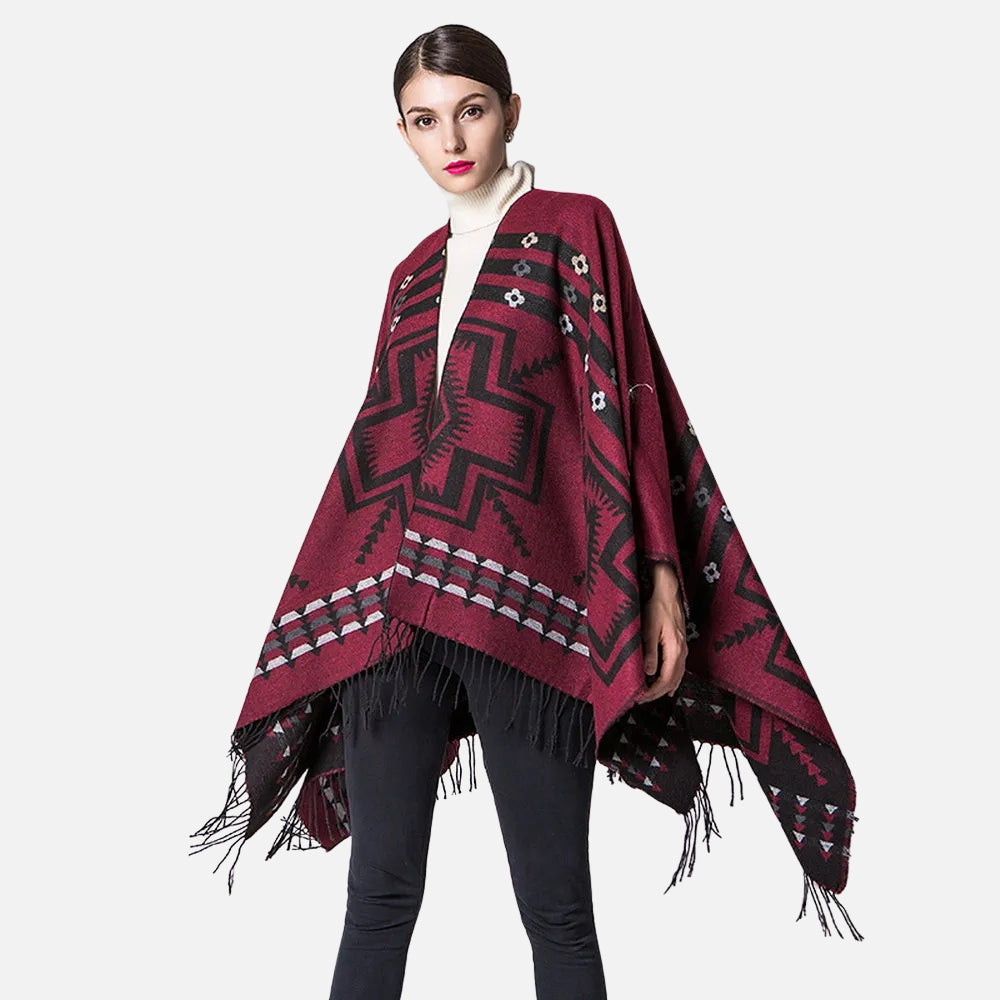 Poncho Rouge Motifs Croix Mexicaine