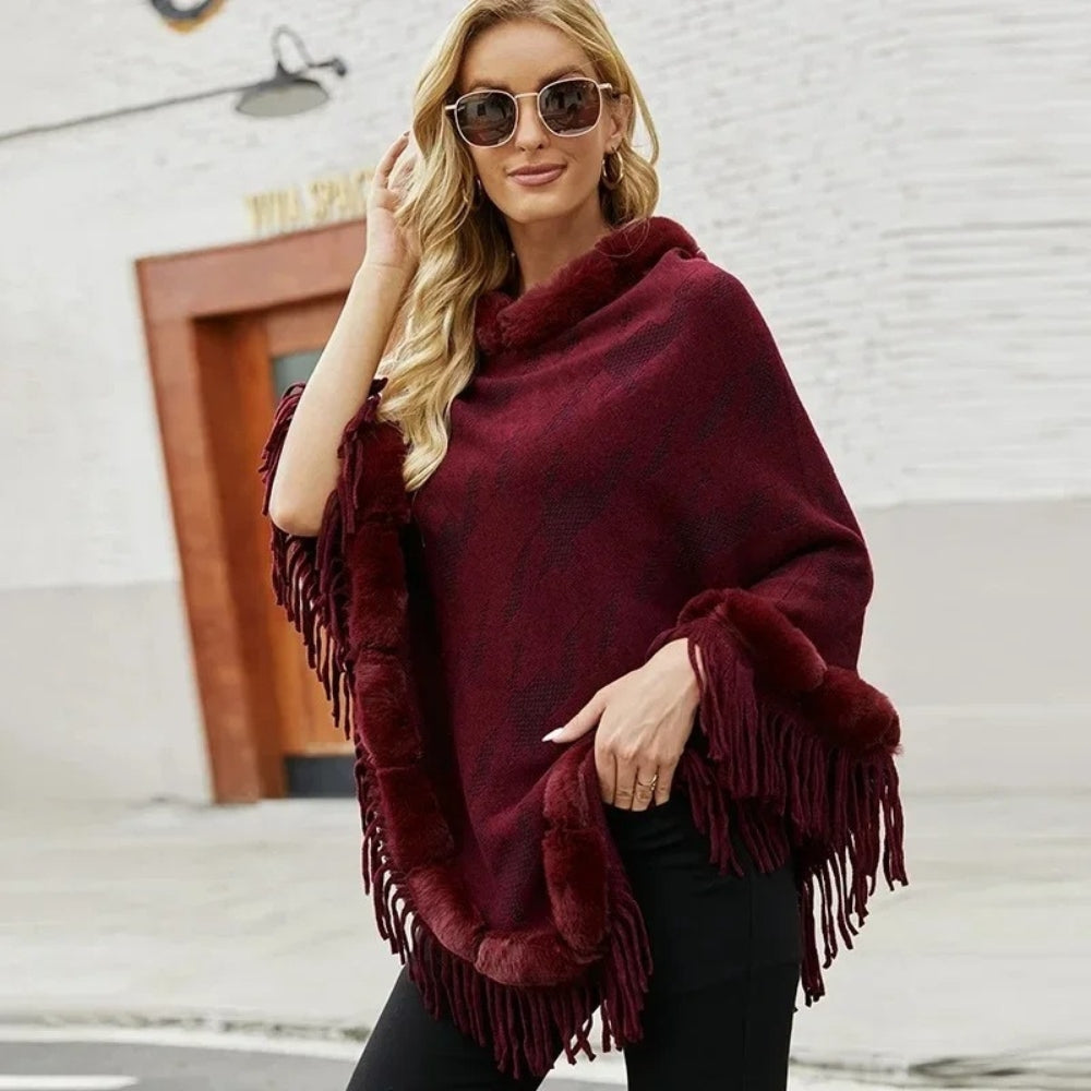 Poncho Col Fourrure Femme