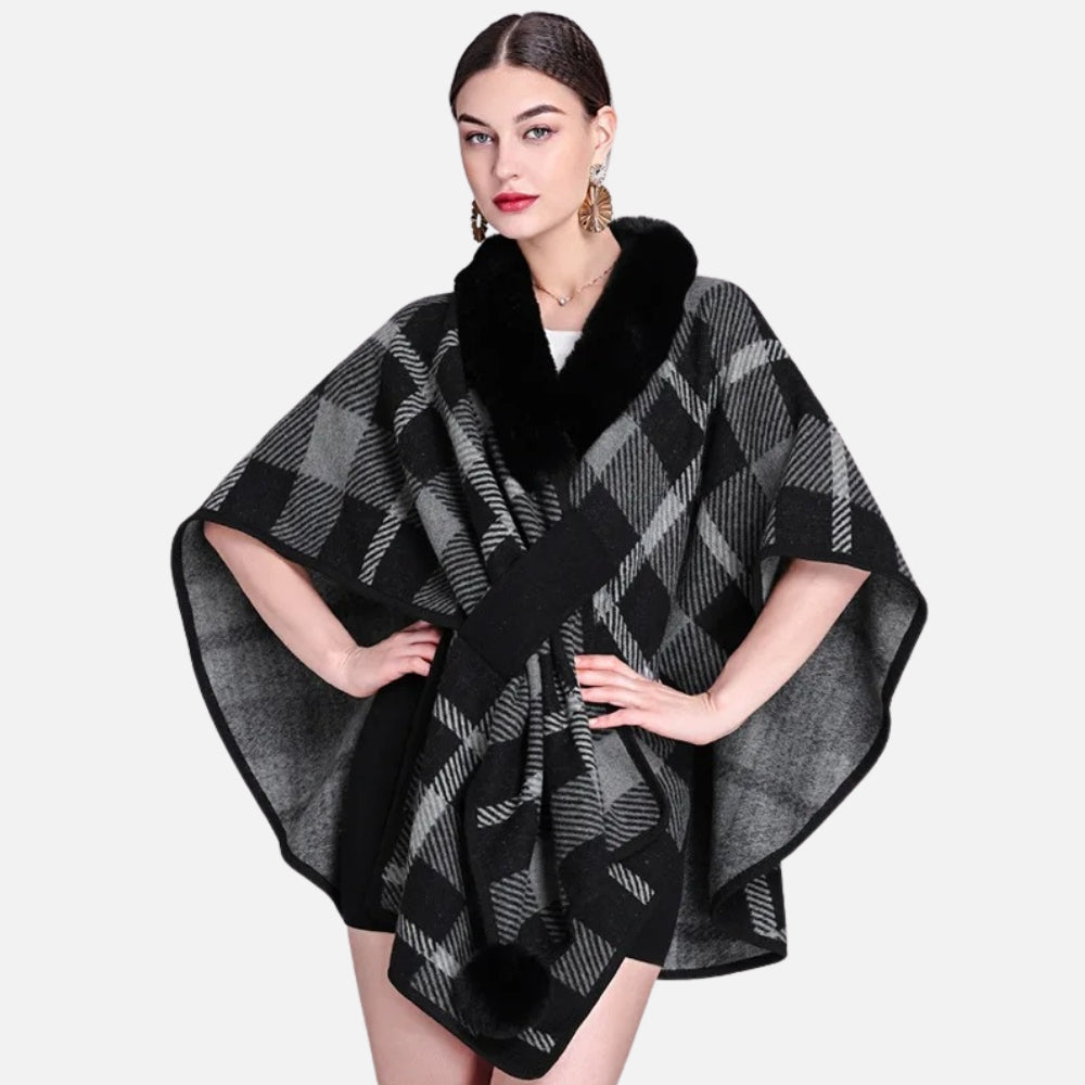 Poncho Col Fourrure à Carreaux