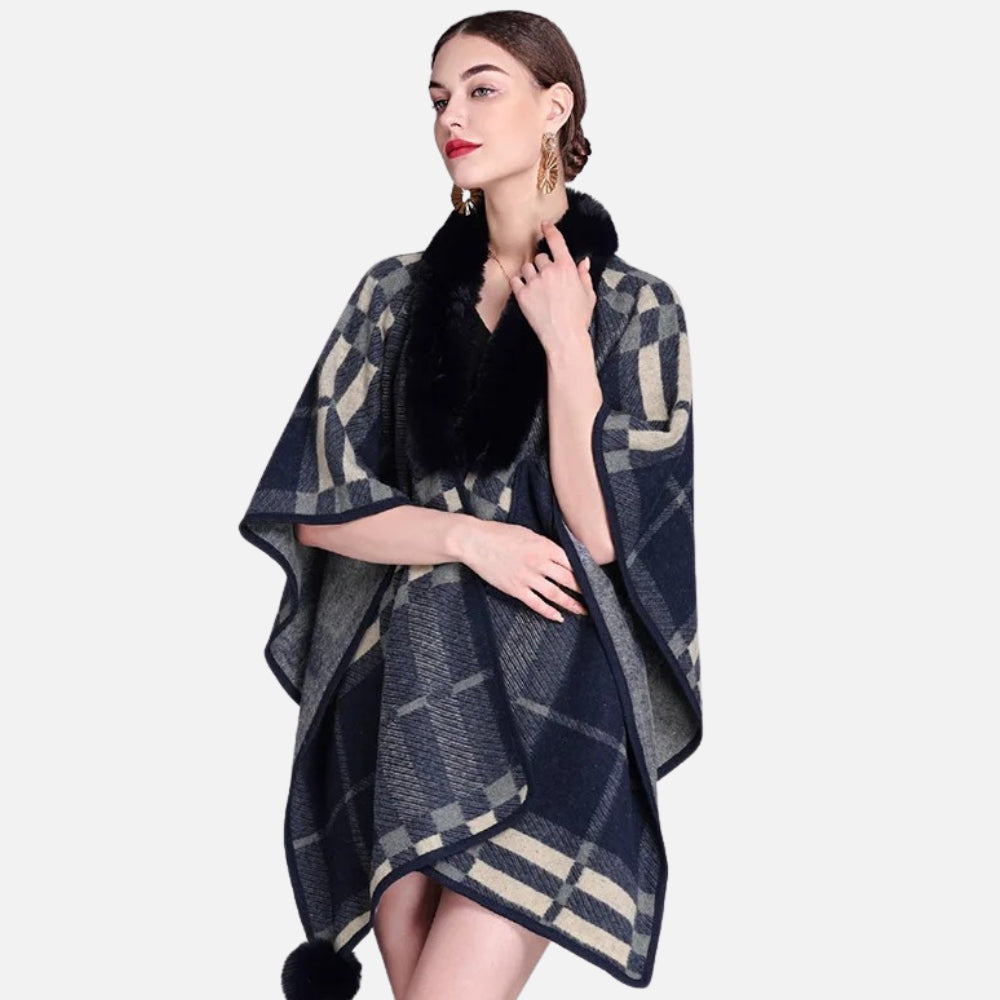 Poncho Col Fourrure à Carreaux