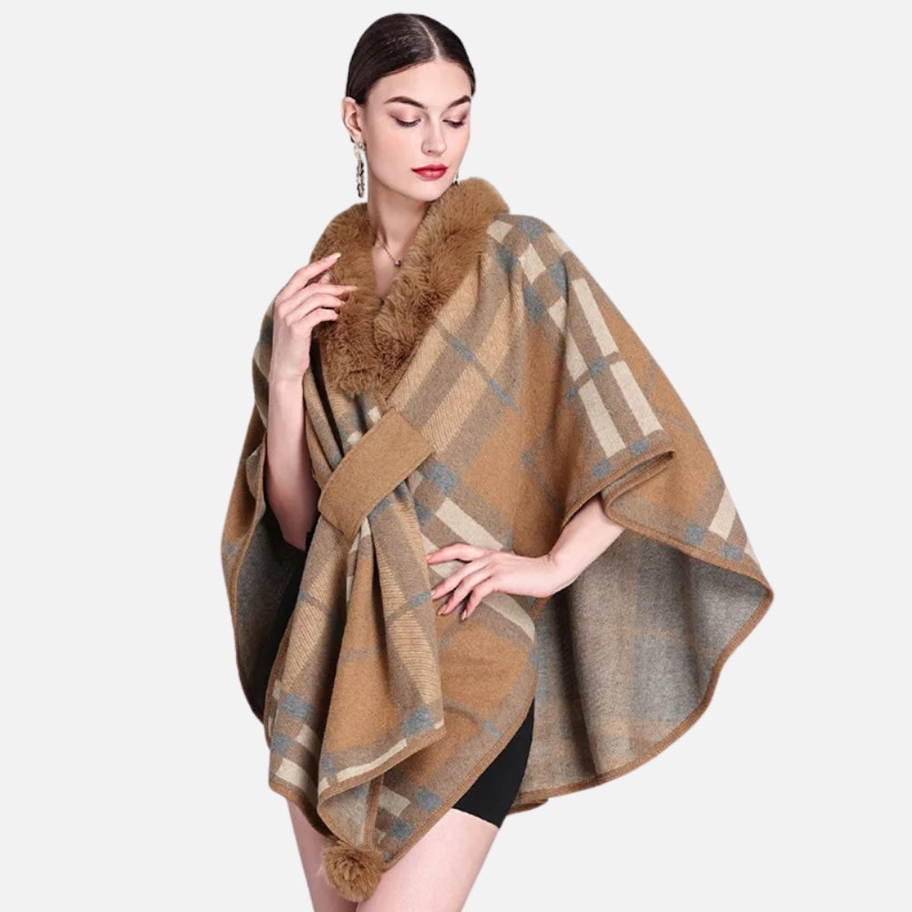 Poncho Col Fourrure à Carreaux