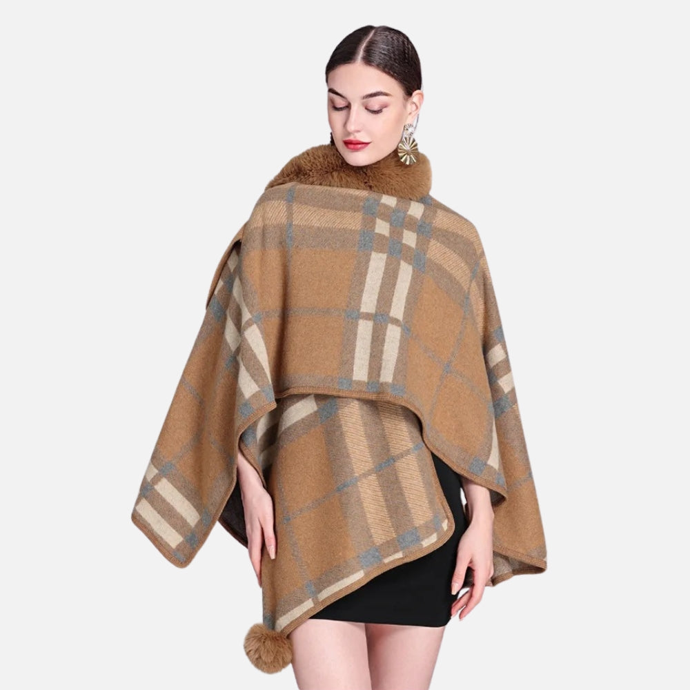 Poncho Col Fourrure à Carreaux