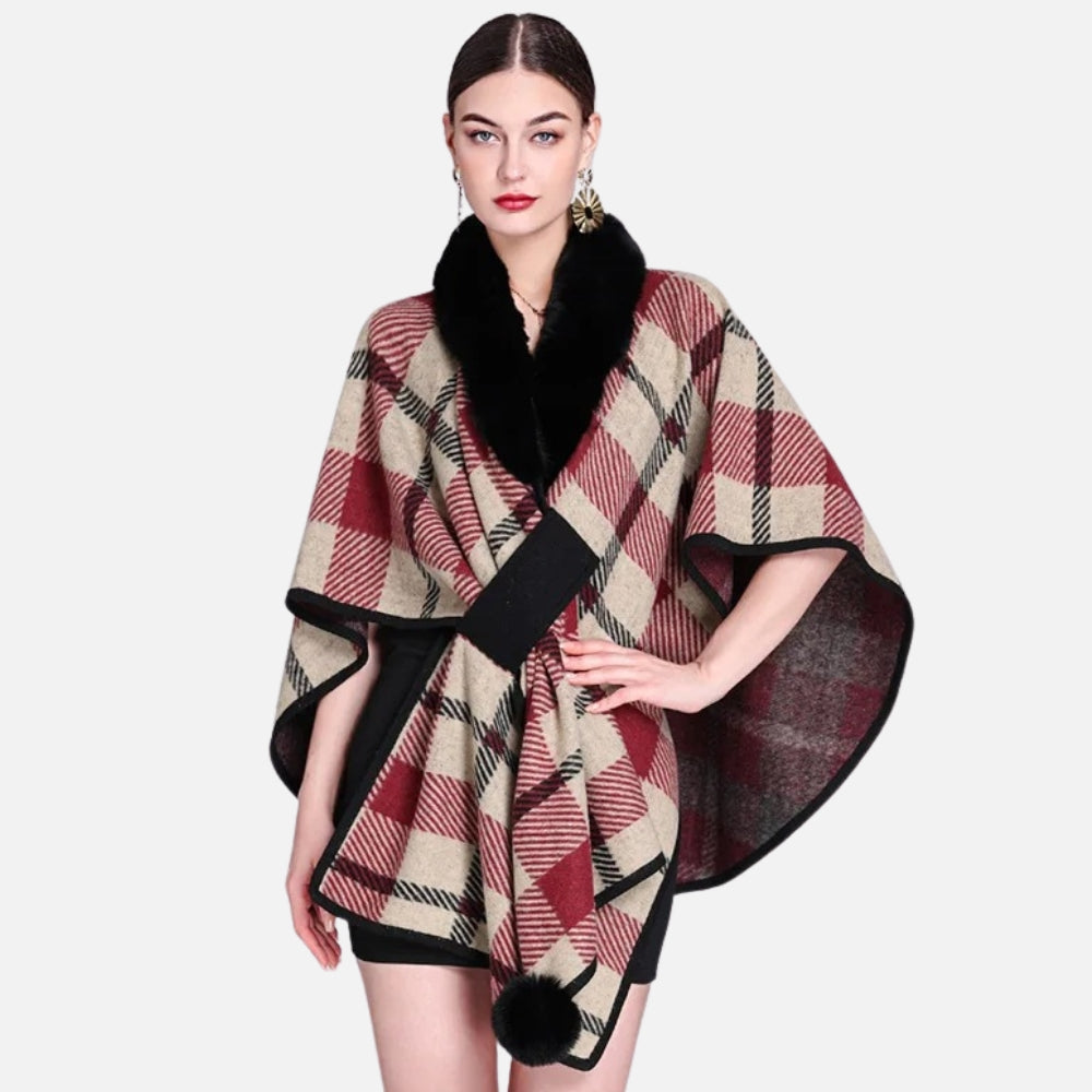 Poncho Col Fourrure à Carreaux
