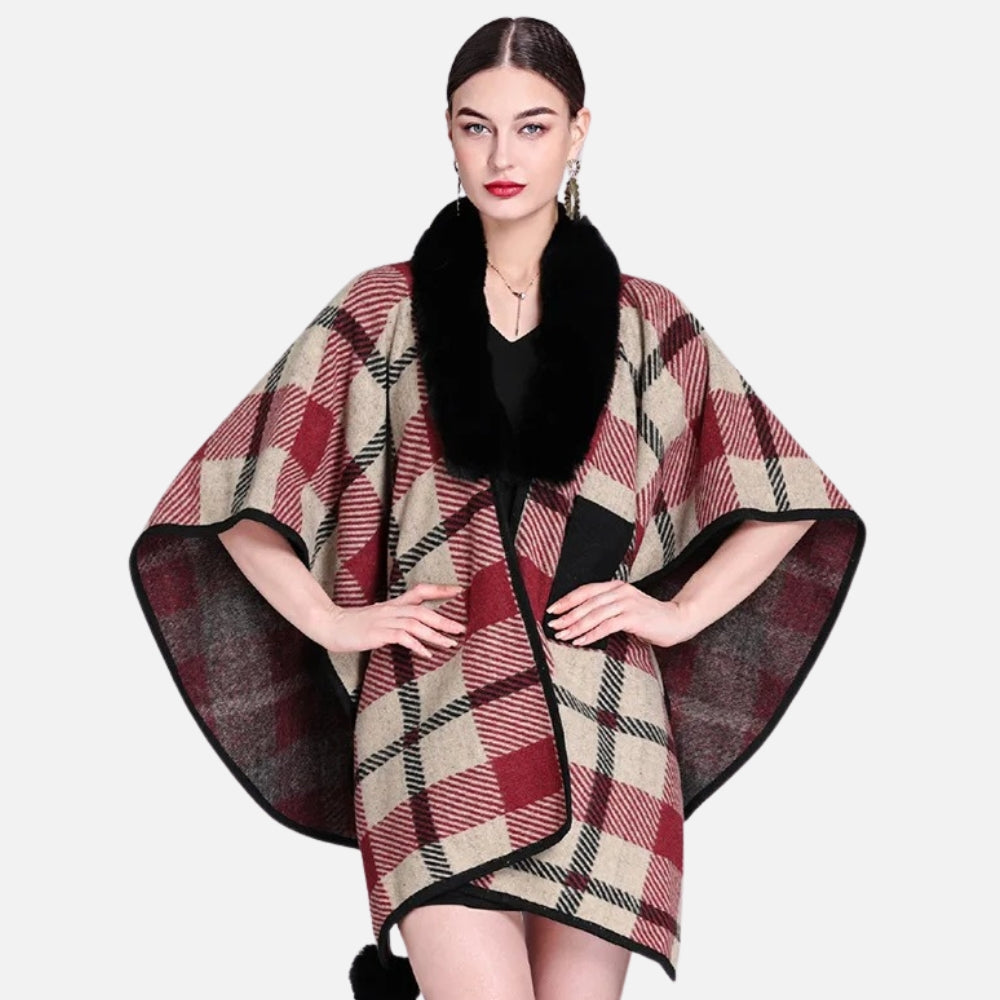 Poncho Col Fourrure à Carreaux