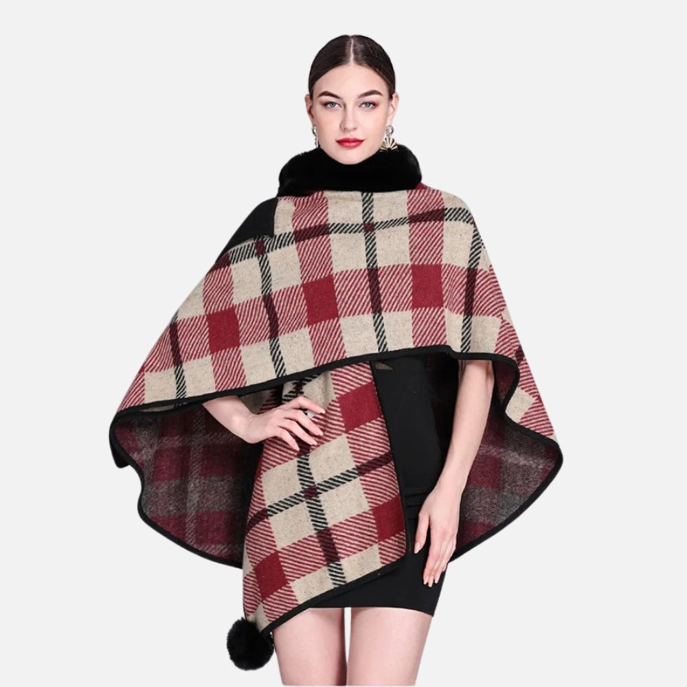 Poncho Col Fourrure à Carreaux