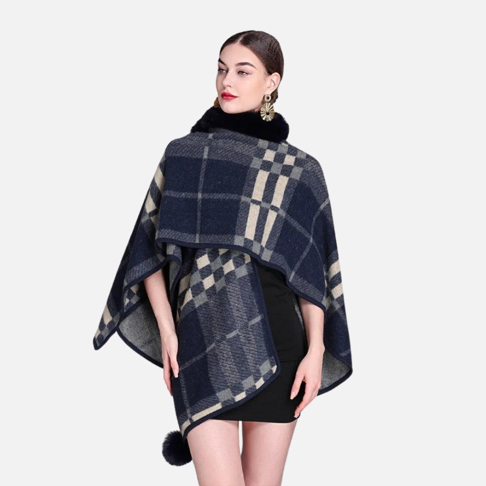 Poncho Col Fourrure à Carreaux