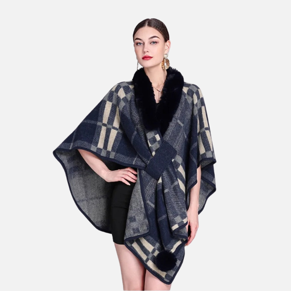 Poncho Col Fourrure à Carreaux