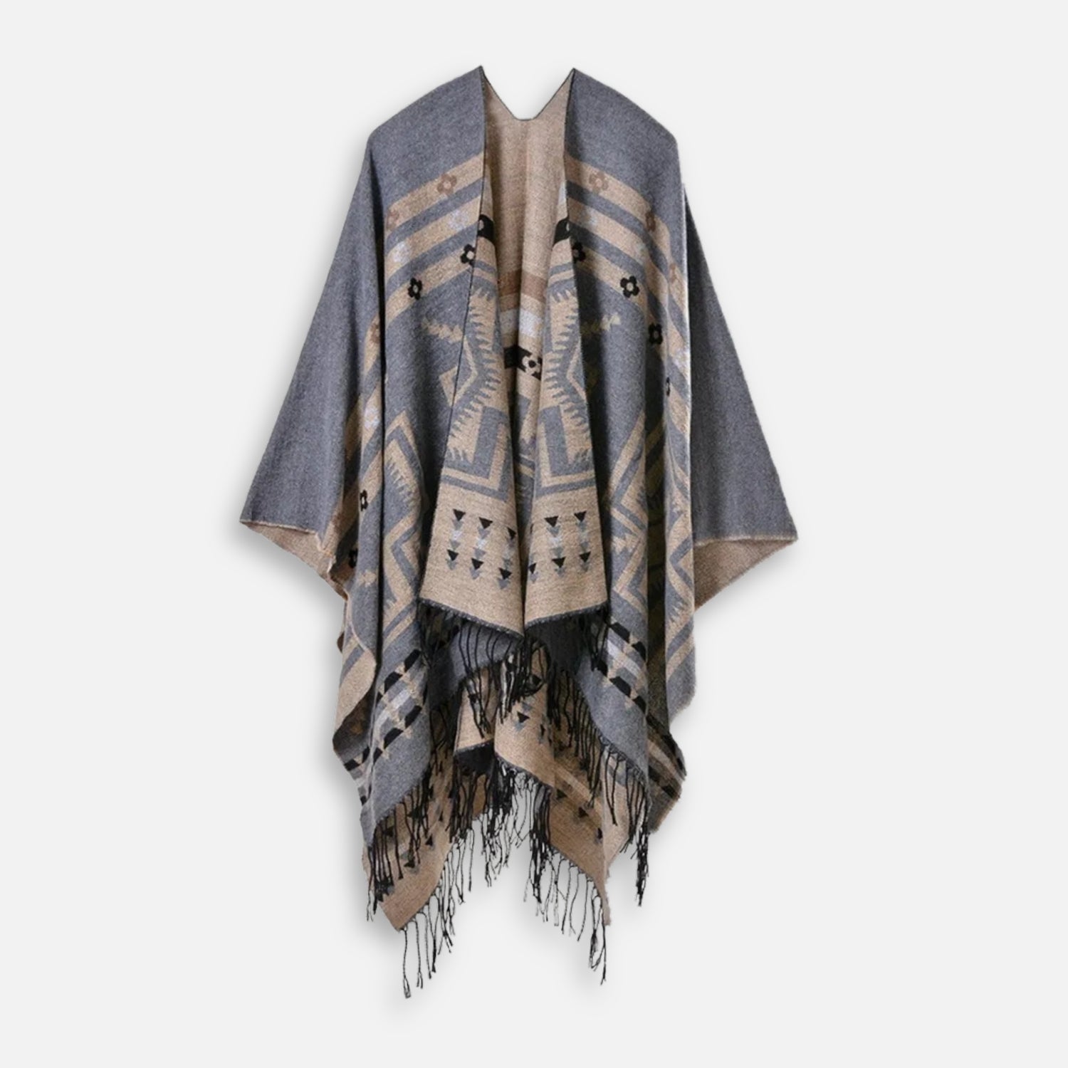 Poncho Gris Motifs Croix Mexicaine