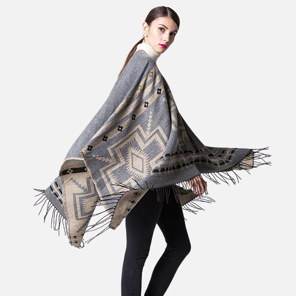 Poncho Gris Motifs Croix Mexicaine