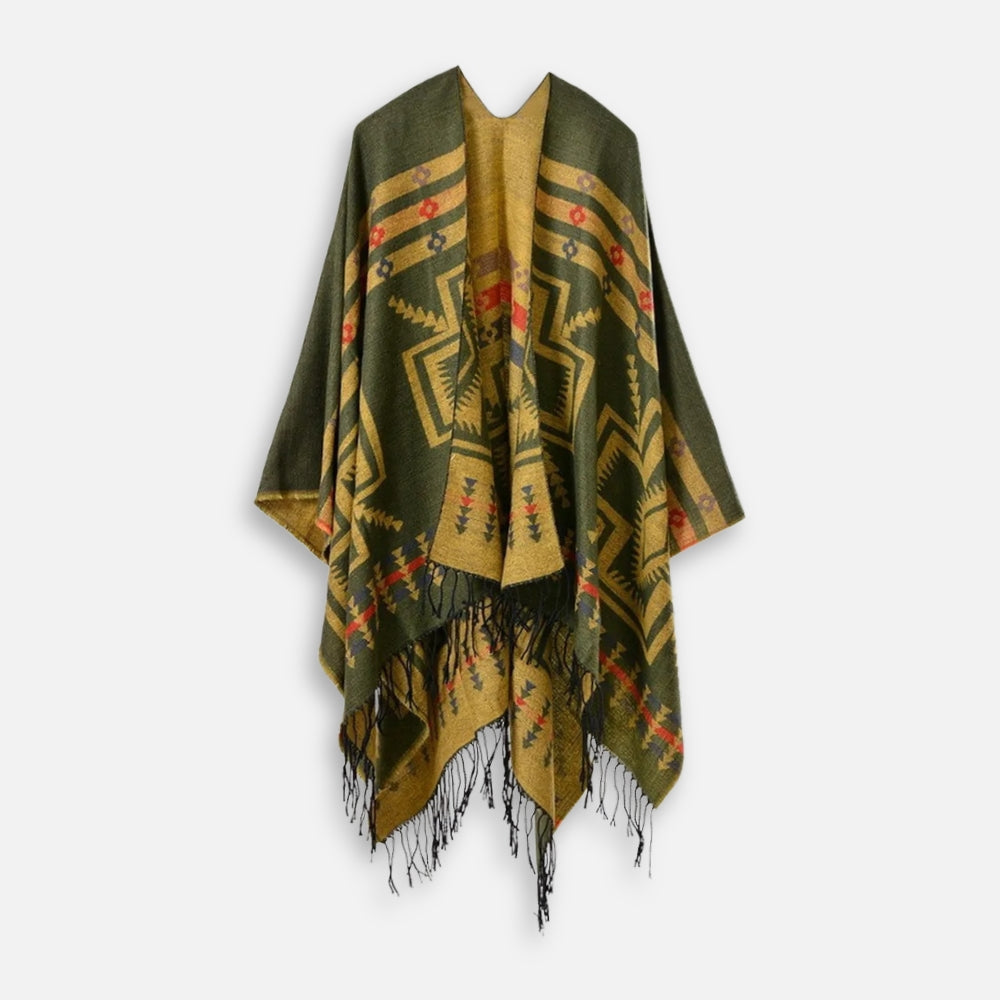 Poncho Kaki Motif Croix Mexicaine