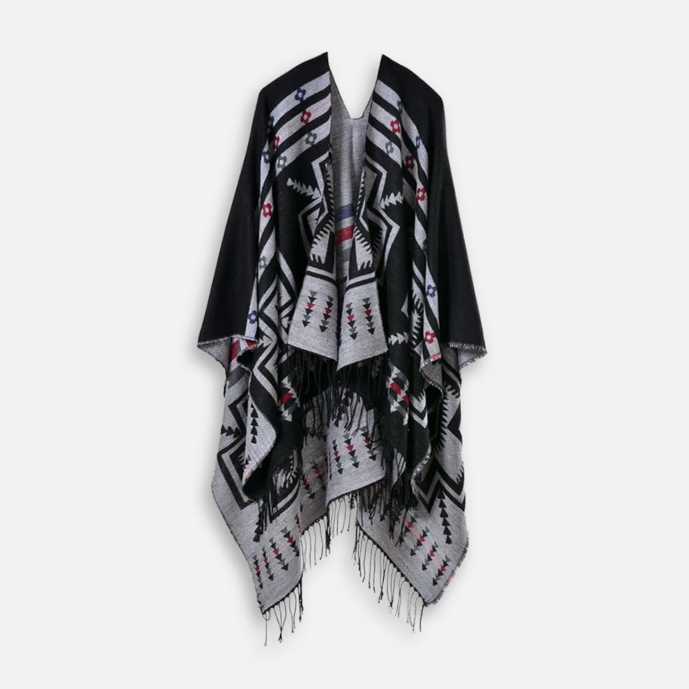 Poncho Noir Motifs Croix Mexicaine