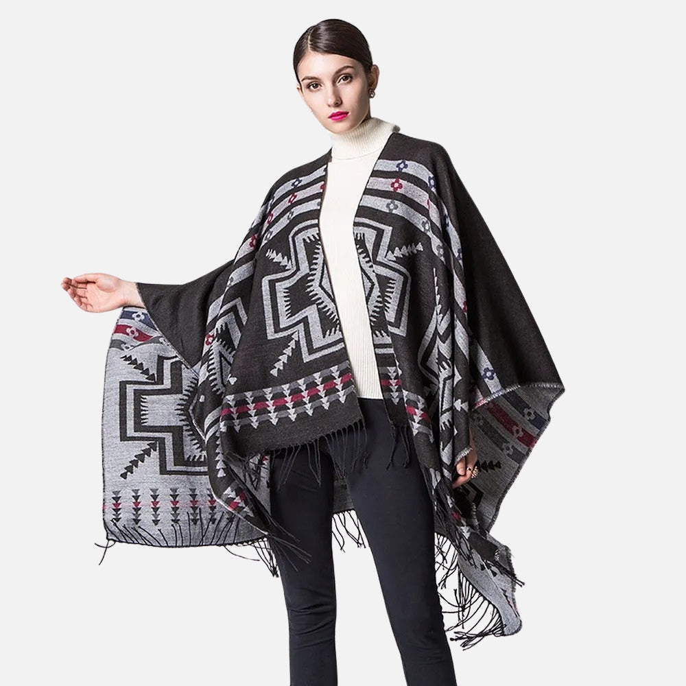 Poncho Noir Motifs Croix Mexicaine