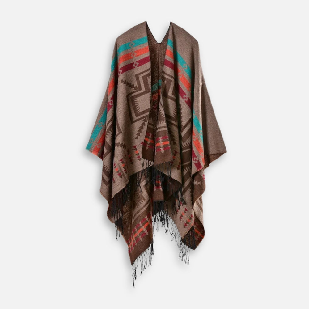 Poncho Marron Motif Croix Mexicaine