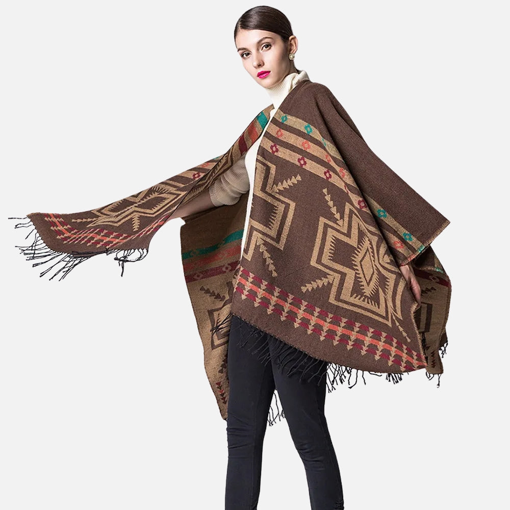 Poncho Marron Motif Croix Mexicaine