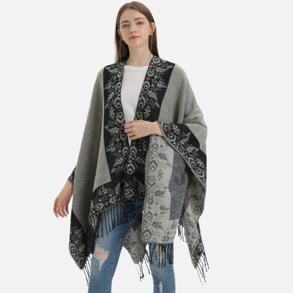 Cape Poncho à Franges Motifs Floraux