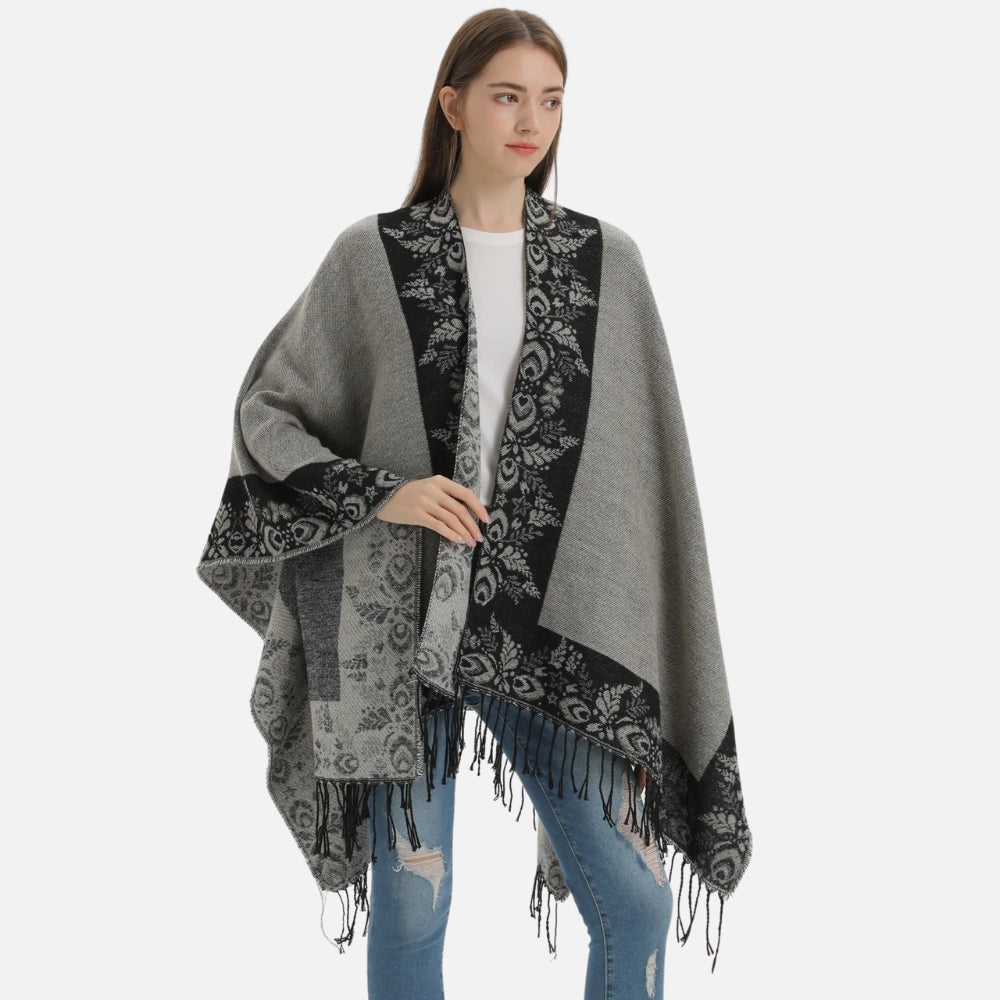 Cape Poncho à Franges Motifs Floraux