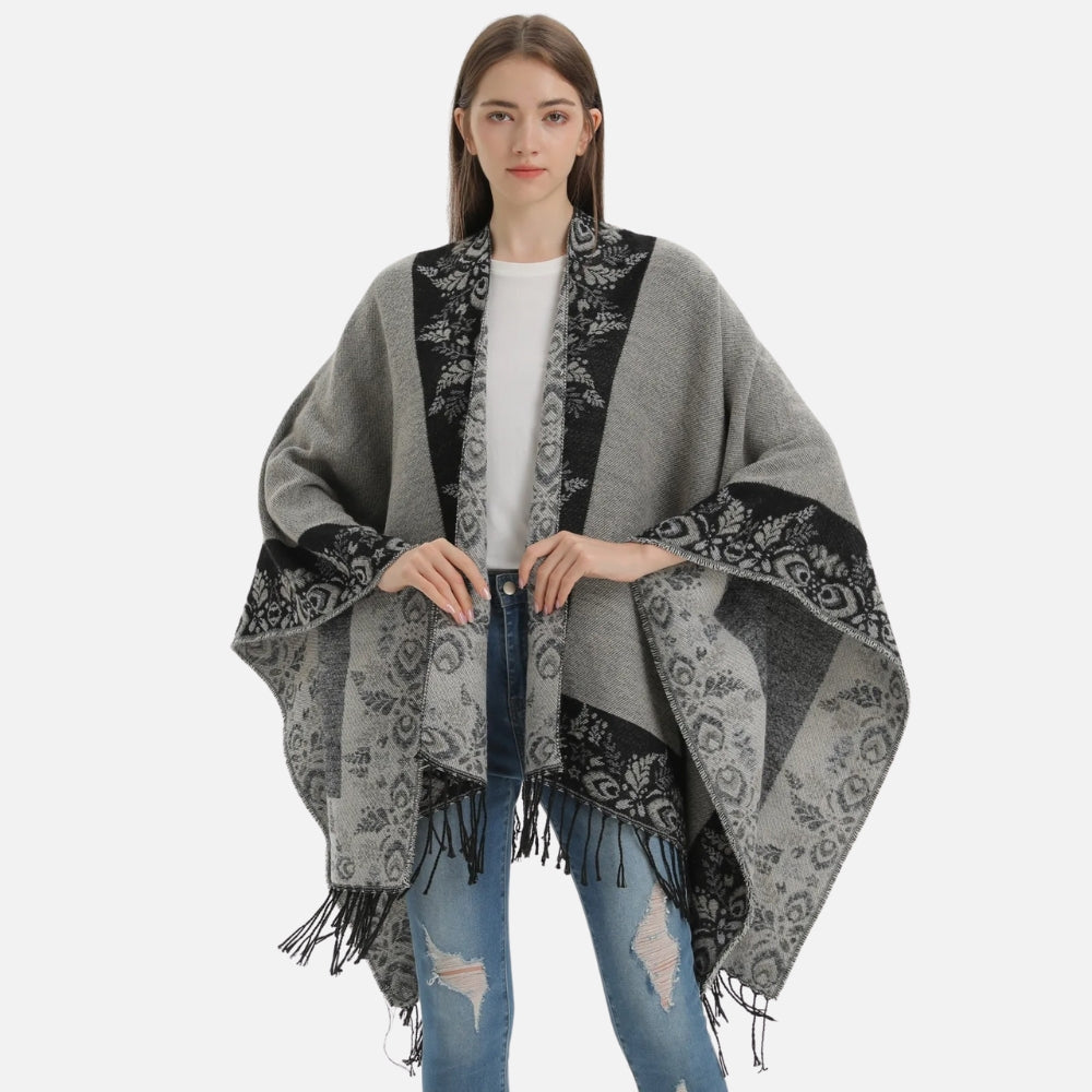 Cape Poncho à Franges Motifs Floraux