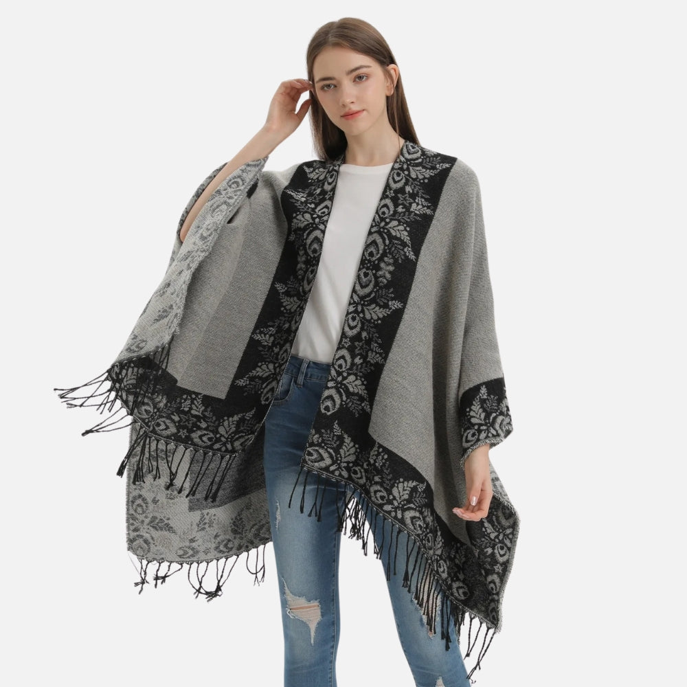 Cape Poncho à Franges Motifs Floraux