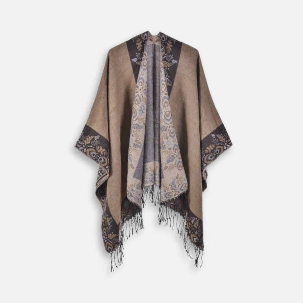 Cape Poncho à Franges Motifs Floraux