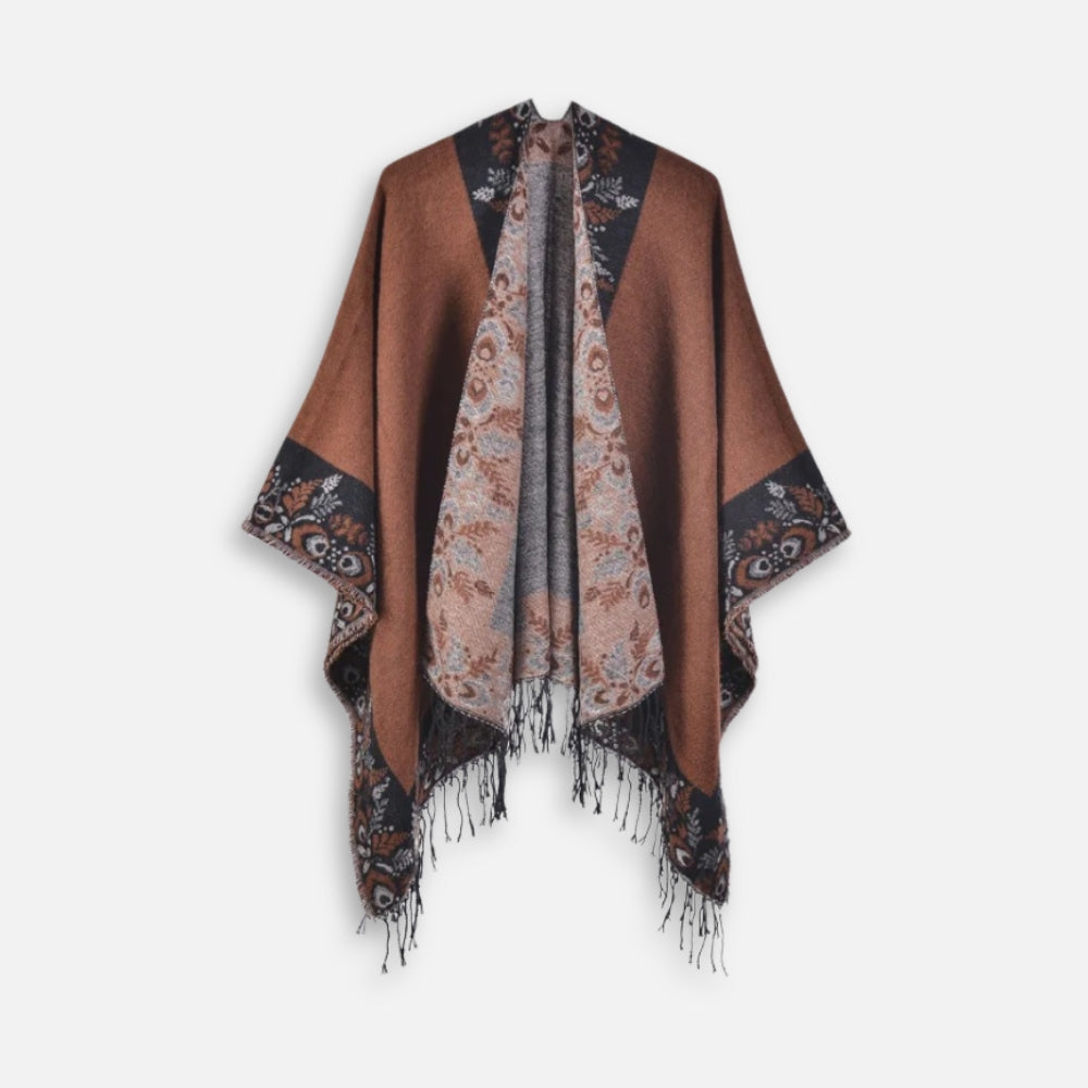 Cape Poncho à Franges Motifs Floraux