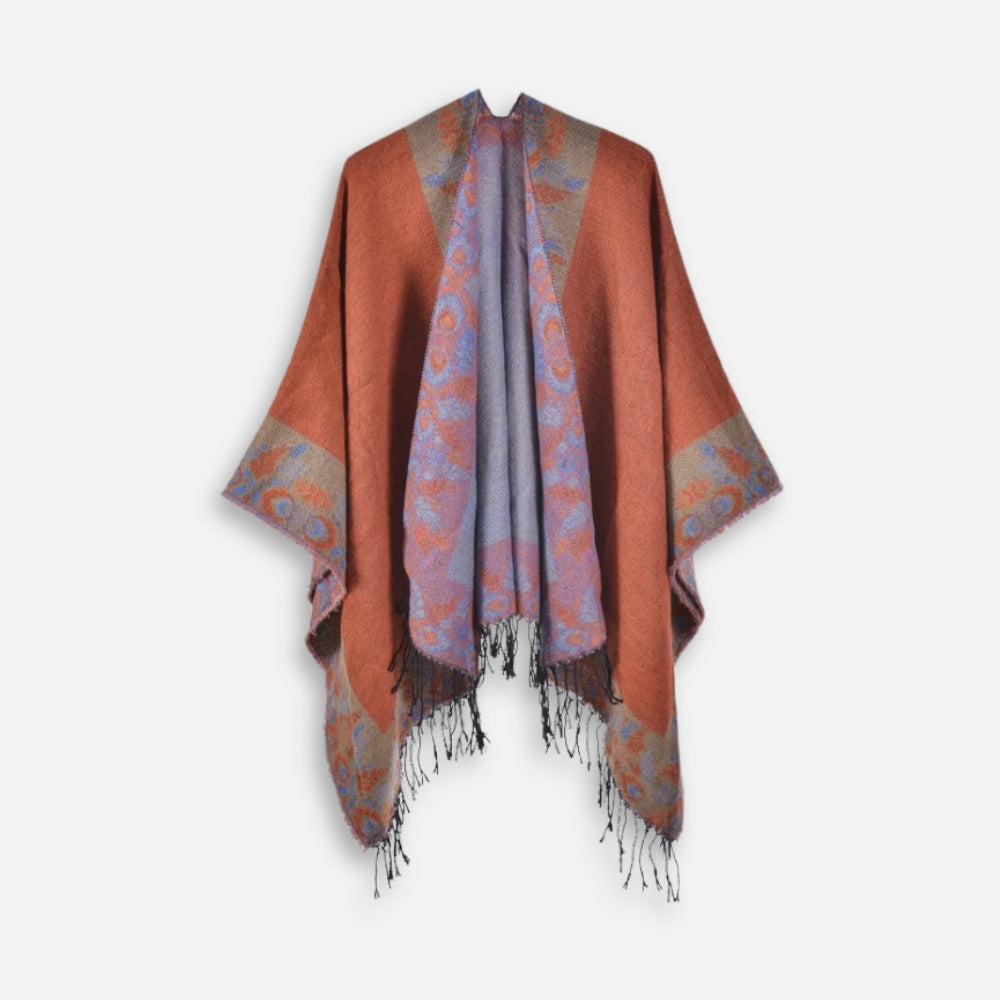 Cape Poncho à Franges Motifs Floraux