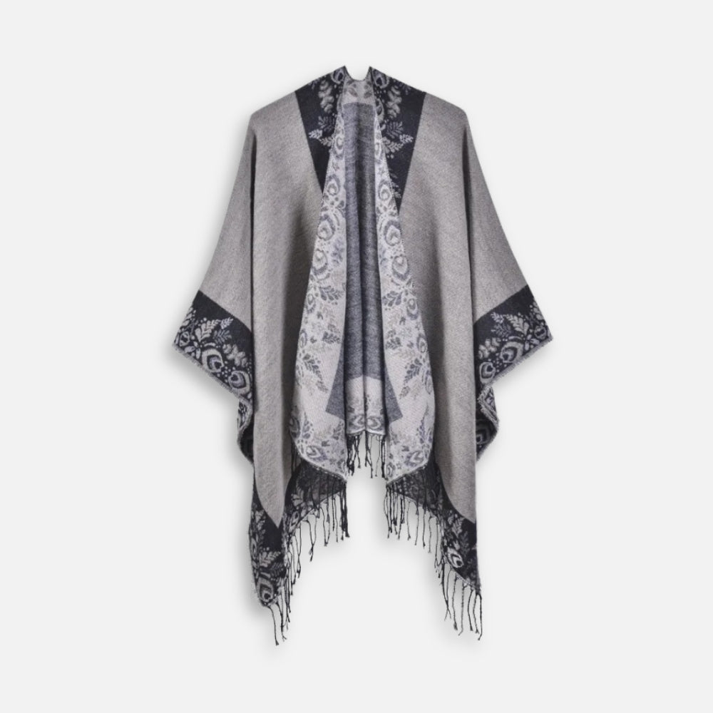 Cape Poncho à Franges Motifs Floraux