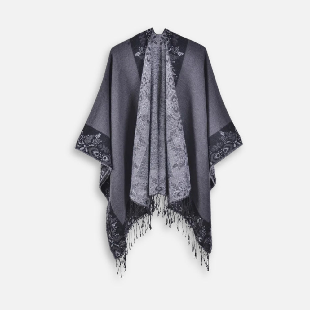 Cape Poncho à Franges Motifs Floraux