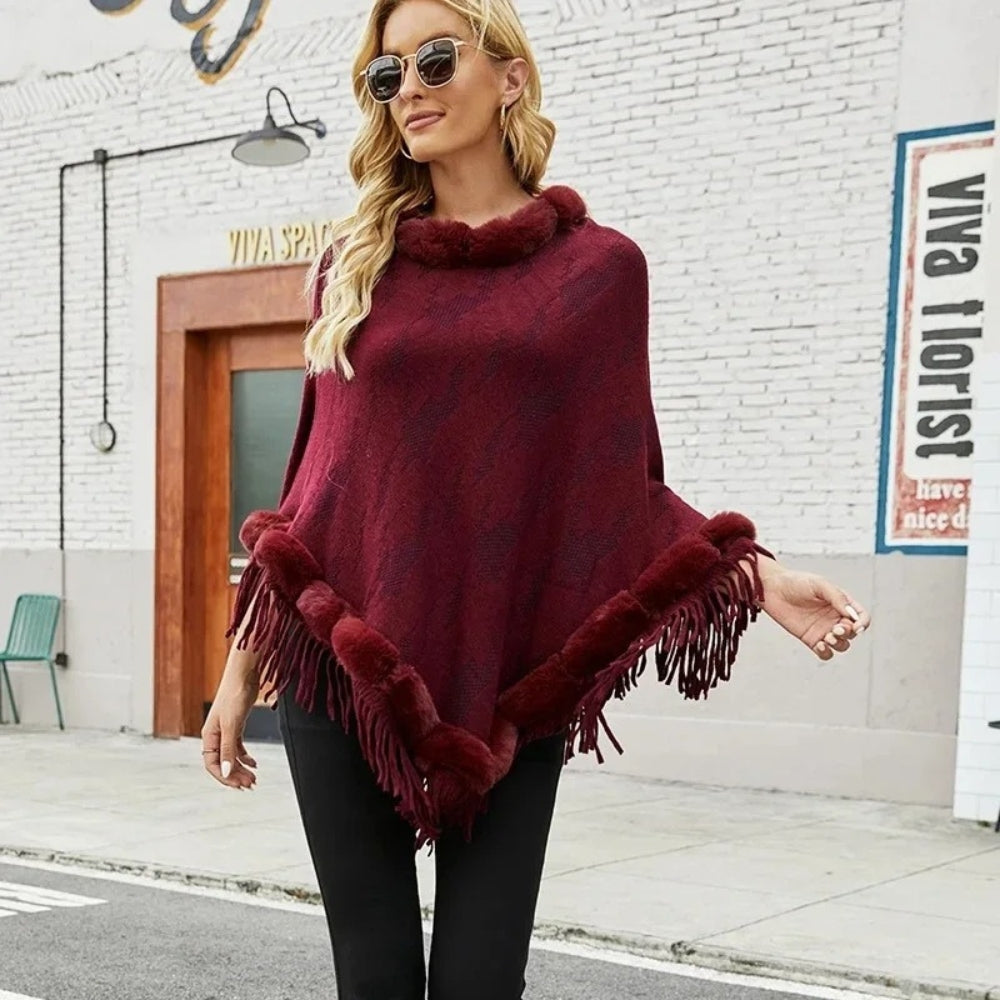Poncho Col Fourrure Femme