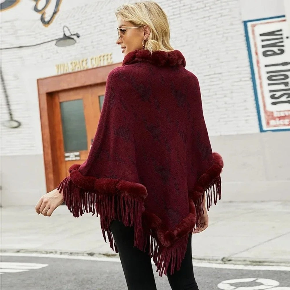 Poncho Col Fourrure Femme